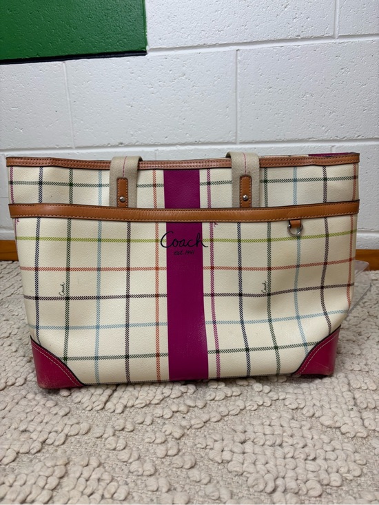 Coach Handbags - Coach Cream Plaid Canvas Tote with Pink Center Stripe and Tan Trim